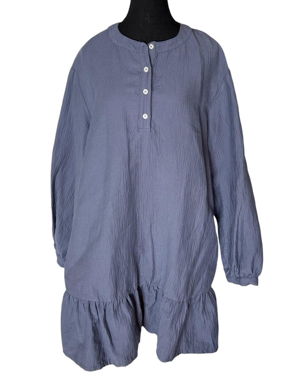 EMMA KNUDSEN Blueish Grey Midi Babydoll Ruffle Dress Tunic Pockets Buttons Large